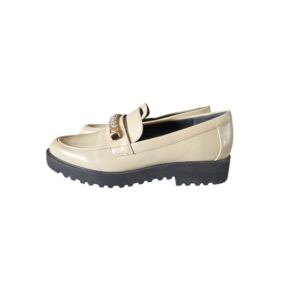 Franco Sarto Carol Bling Beige Lug Sole Loafers Rhinestone Chain Womens 7.5M